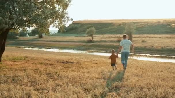 Rückansicht Eines Vaters Mit Seinem Sohn Der Der Natur Zur — Stockvideo