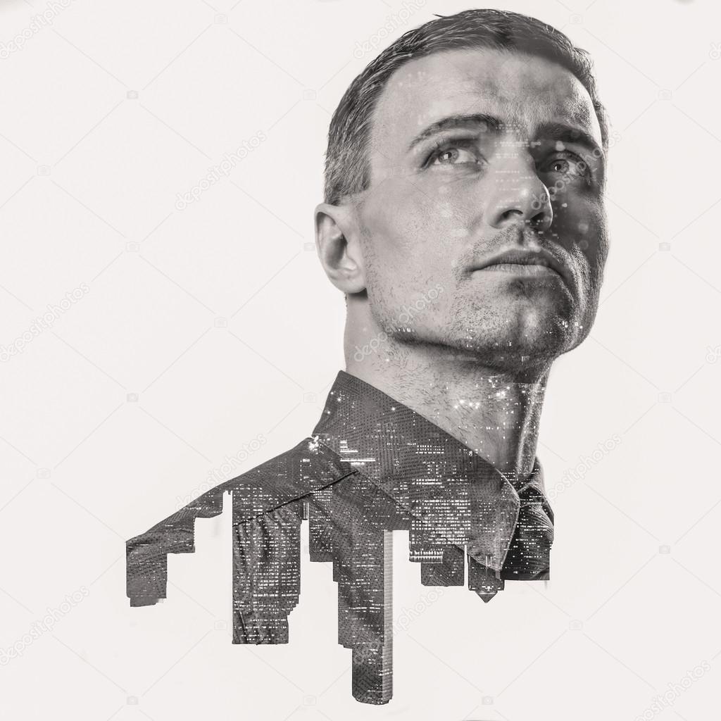 Double exposure of a city and professional businessman