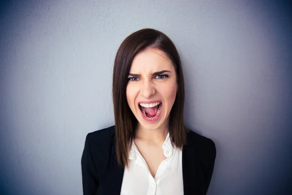 Mulher de negócios irritada gritando sobre fundo cinza — Fotografia de Stock