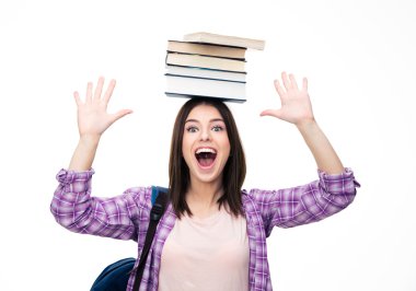 Laughing young wowan with books on head clipart