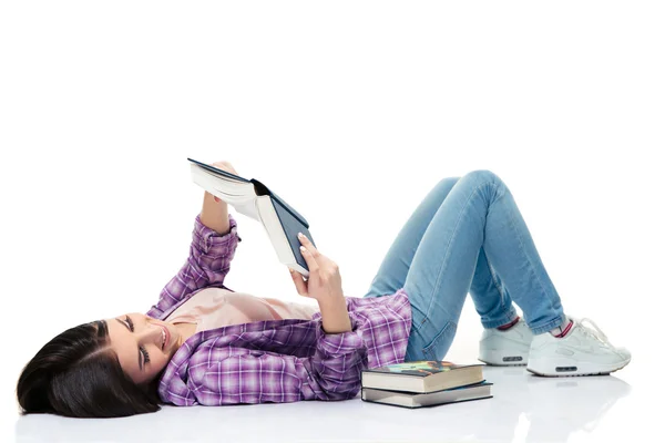 Happy young woman reading book — Stock Photo, Image