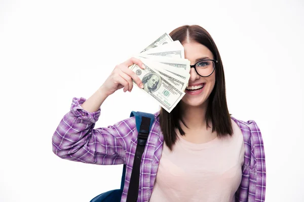 Mulher feliz cobrindo seus olhos com notas de dólar — Fotografia de Stock