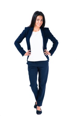 Mutlu işkadını beyaz arka plan üzerinde poz