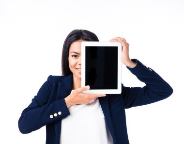 Tablet bilgisayar ile göz kapsayan iş kadını