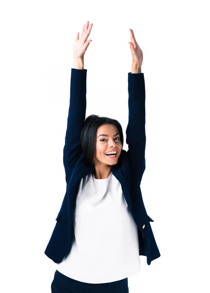 Laughing businesswoman with raised hands up — Stock Photo, Image