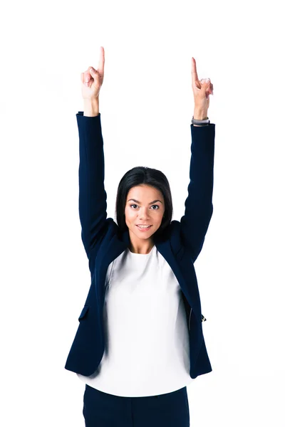 Empresária feliz apontando dedos para cima — Fotografia de Stock