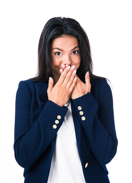 Junge Geschäftsfrau bedeckt ihren Mund — Stockfoto