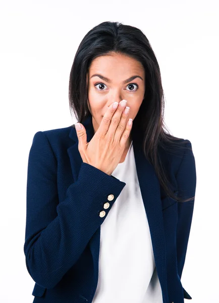 Junge Geschäftsfrau bedeckt ihren Mund — Stockfoto