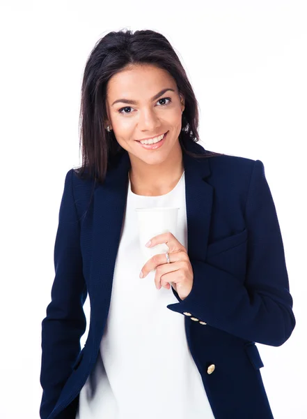 Happy businesswoman holding cup of coffee — Stock Photo, Image