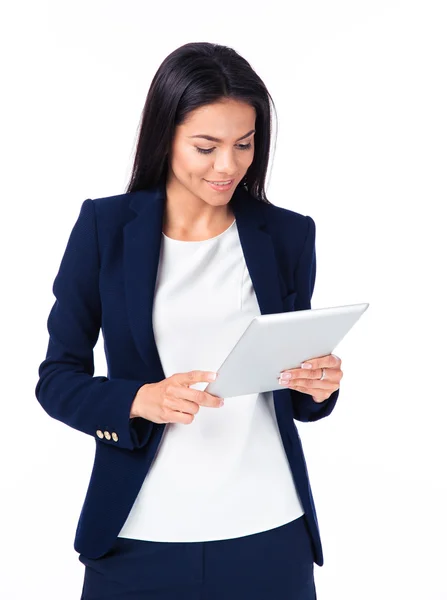 Mujer de negocios feliz usando tableta — Foto de Stock