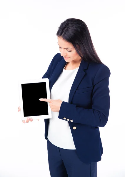 Businesswoman pointing finger on tablet computer screen — Stock Photo, Image