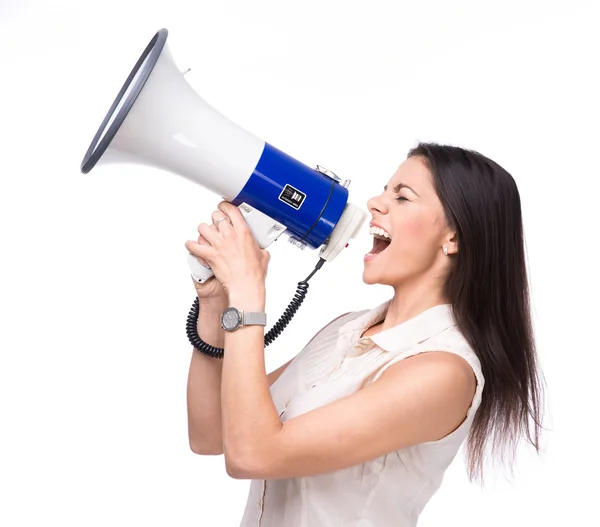Empresária gritando em alto-falante — Fotografia de Stock