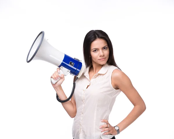 Mulher de negócios bonita de pé com megafone — Fotografia de Stock