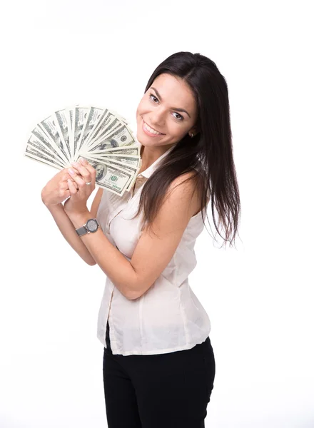 Mulher sorridente segurando notas de dólar dos EUA — Fotografia de Stock