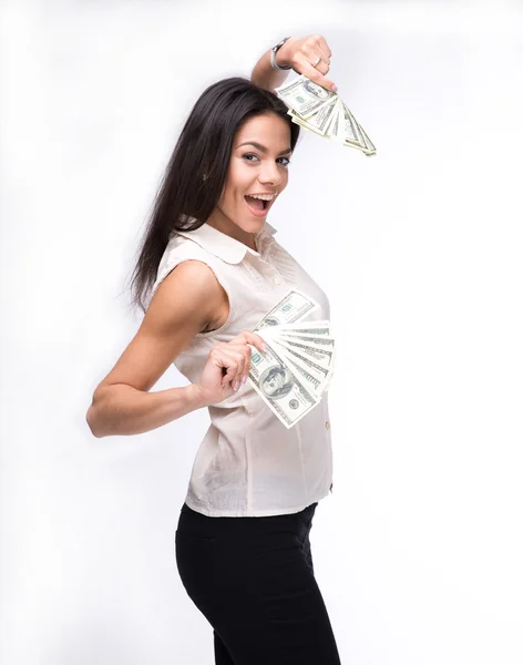 Cheerful businesswoman holding US dollar bills — Stock Photo, Image