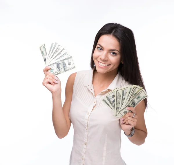 Mulher sorridente segurando notas de dólar dos EUA — Fotografia de Stock