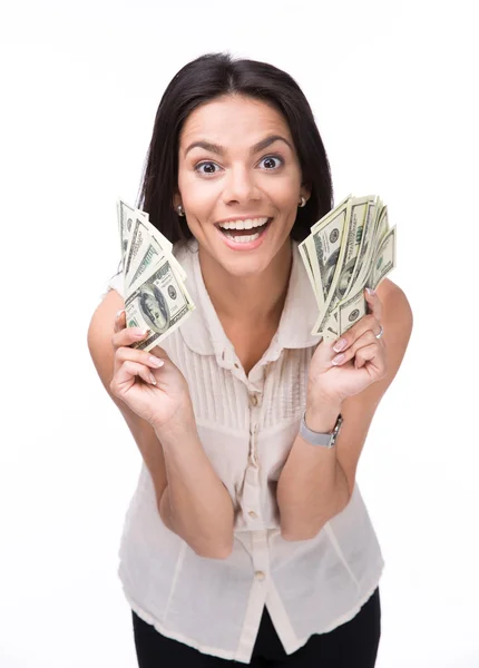 Γελώντας νέα γυναίκα που κρατά χρήματα — Φωτογραφία Αρχείου