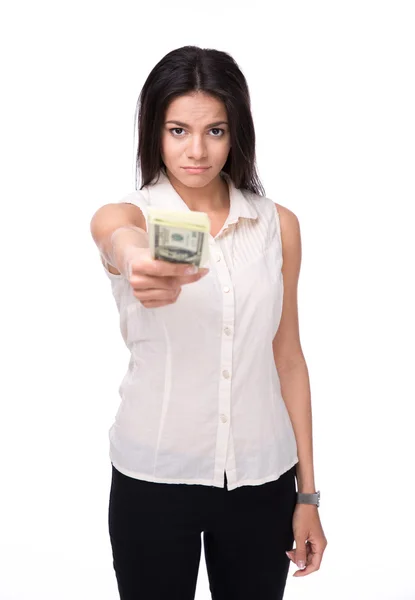 Cute businesswoman giving money on camera — Stock Photo, Image