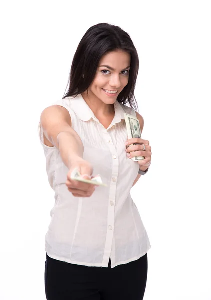 Happy businesswoman giving money on camera — Stock Photo, Image