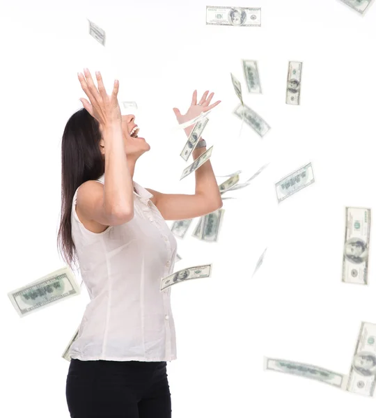 Businesswoman under money rain — Stock Photo, Image