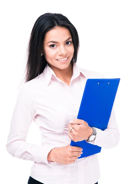 Happy businesswoman standing and holding folder — Stock Photo, Image