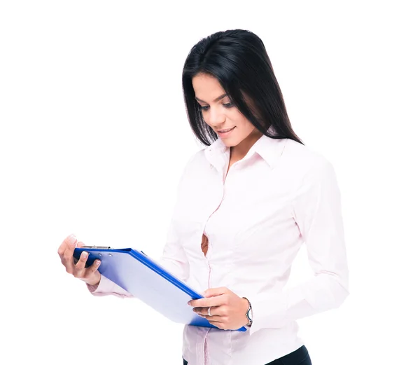 Glad affärskvinna läsa dokument — Stockfoto