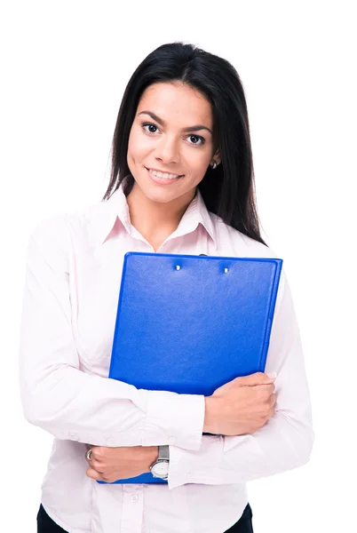 Uśmiechnięta kobieta stojąc z folderu — Zdjęcie stockowe