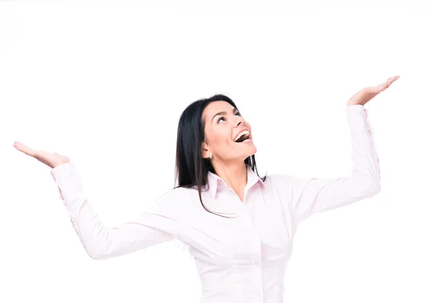 Laughing businesswoman presenting something on palm — Stock Photo, Image