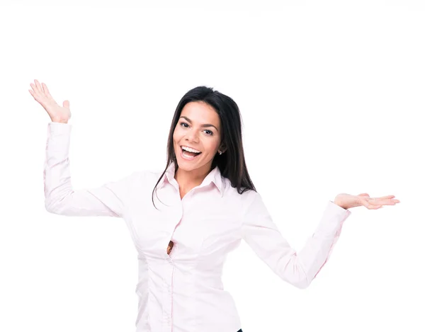 Happy affärskvinna presentera något på palm — Stockfoto