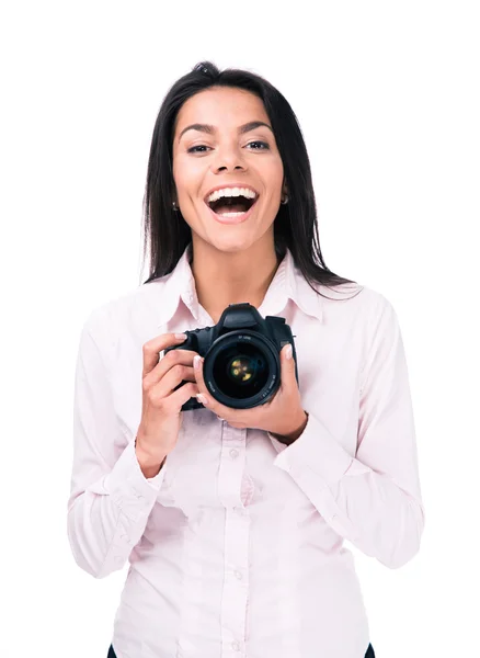 Vrolijke vrouw fotograaf met camera — Stockfoto