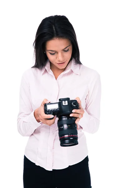 Kobieta fotograf z aparatu — Zdjęcie stockowe