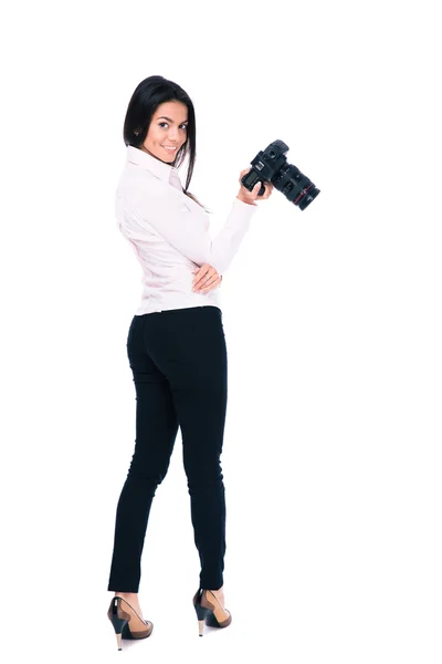 Happy woman photographer looking at camera — Stock Photo, Image