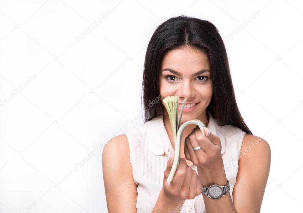 Smiling woman counting money