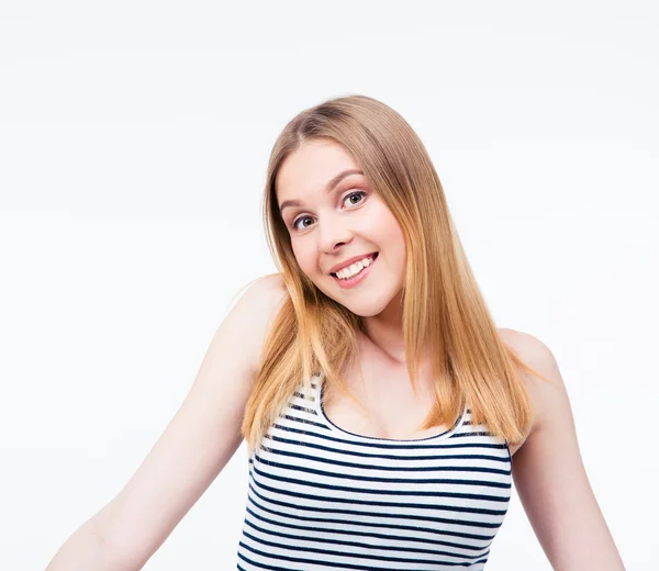 Mulher feliz encolhendo os ombros — Fotografia de Stock