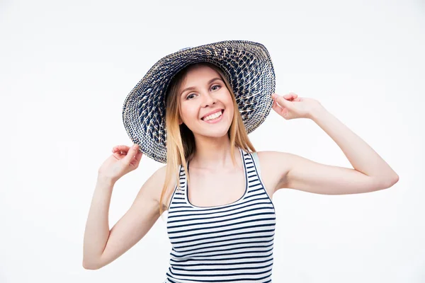 Lachende leuke vrouw in hoed — Stockfoto