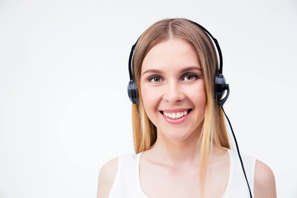Wesoły kobieta asystent operatora w słuchawki — Zdjęcie stockowe