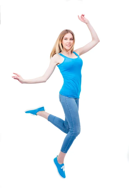 Happy young woman posing over white background — Stock Photo, Image