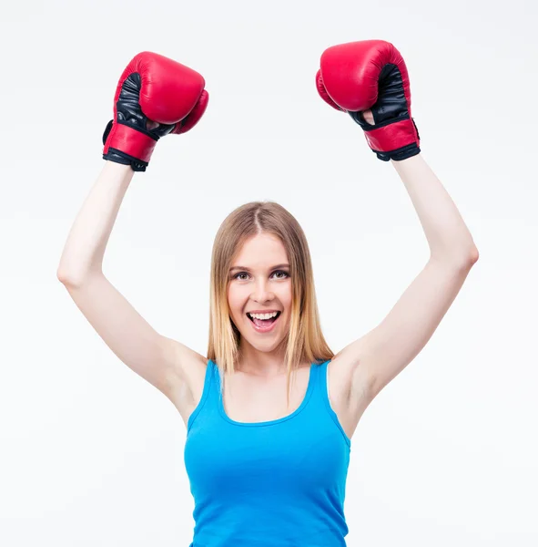 Mulher alegre com luvas de boxe — Fotografia de Stock