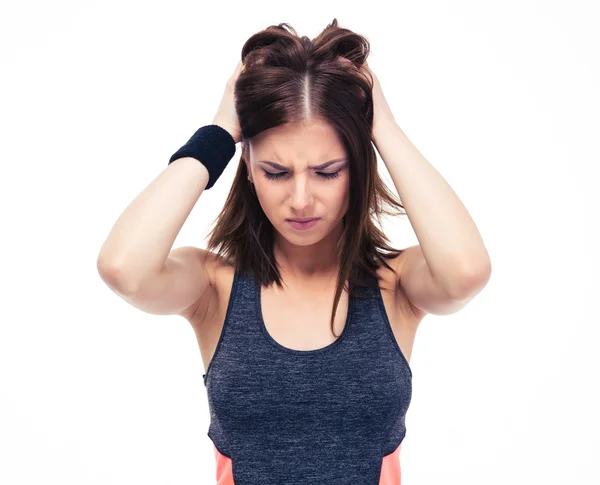Fitness mladá žena s bolestmi hlavy — Stock fotografie