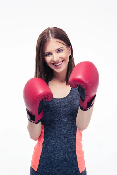 Iloinen kunto nainen nyrkkeilyhanskat — kuvapankkivalokuva