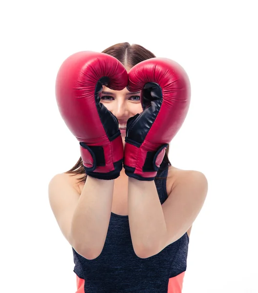 Gelukkig sportieve vrouw met bokshandschoenen — Stockfoto