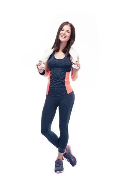 Happy fitness kvinna anläggning handduk — Stockfoto