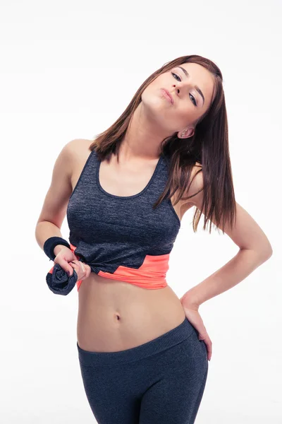 Carino fitness donna posa isolato su uno sfondo bianco — Foto Stock