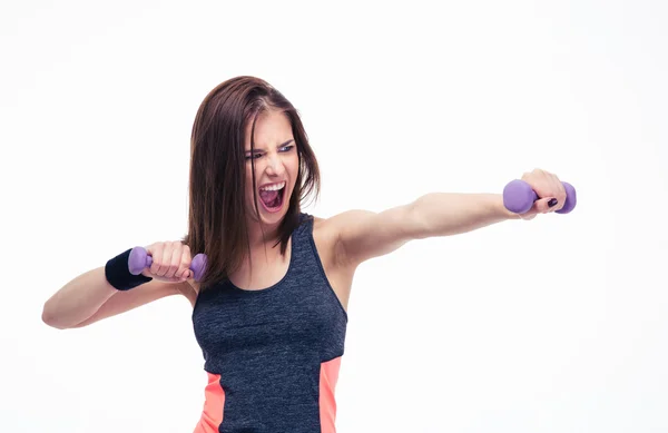 Angry woman workout with dumbbells — Stock Photo, Image