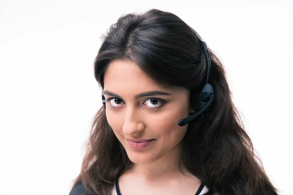 Happy woman assistant operator with headphones — Stock Photo, Image