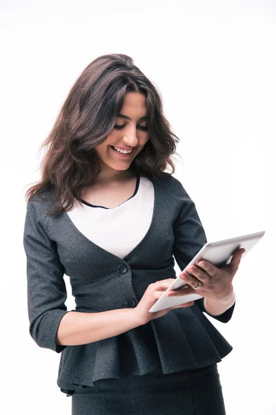 Empresária alegre usando computador tablet — Fotografia de Stock