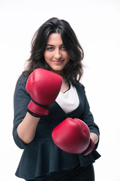 Portrait of a happy businesswoman in boxing gloves — Stock Photo, Image