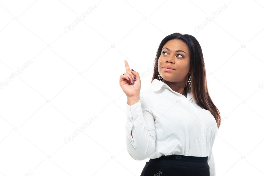 African businesswoman pointing finger up