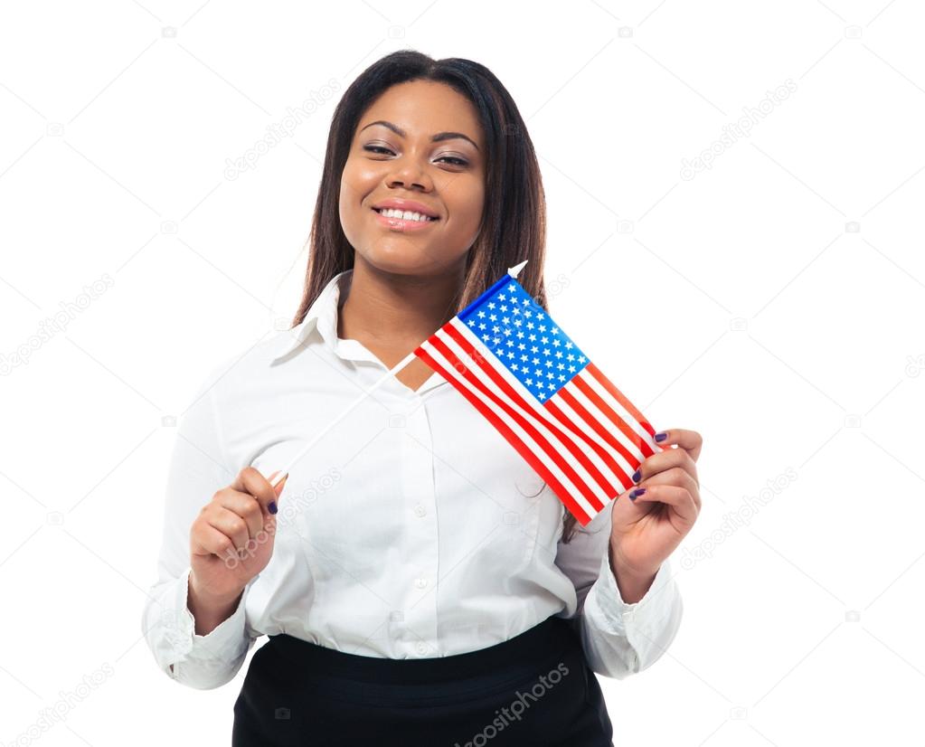 Happy african busiensswoman holding US flag