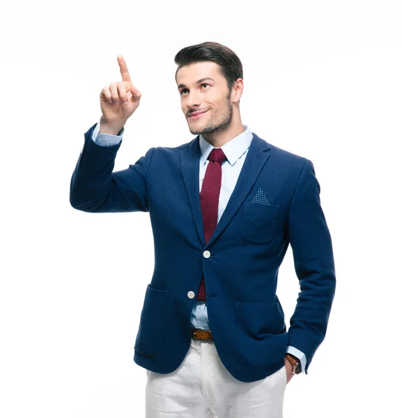 Schöner Geschäftsmann zeigt mit erhobenem Zeigefinger — Stockfoto